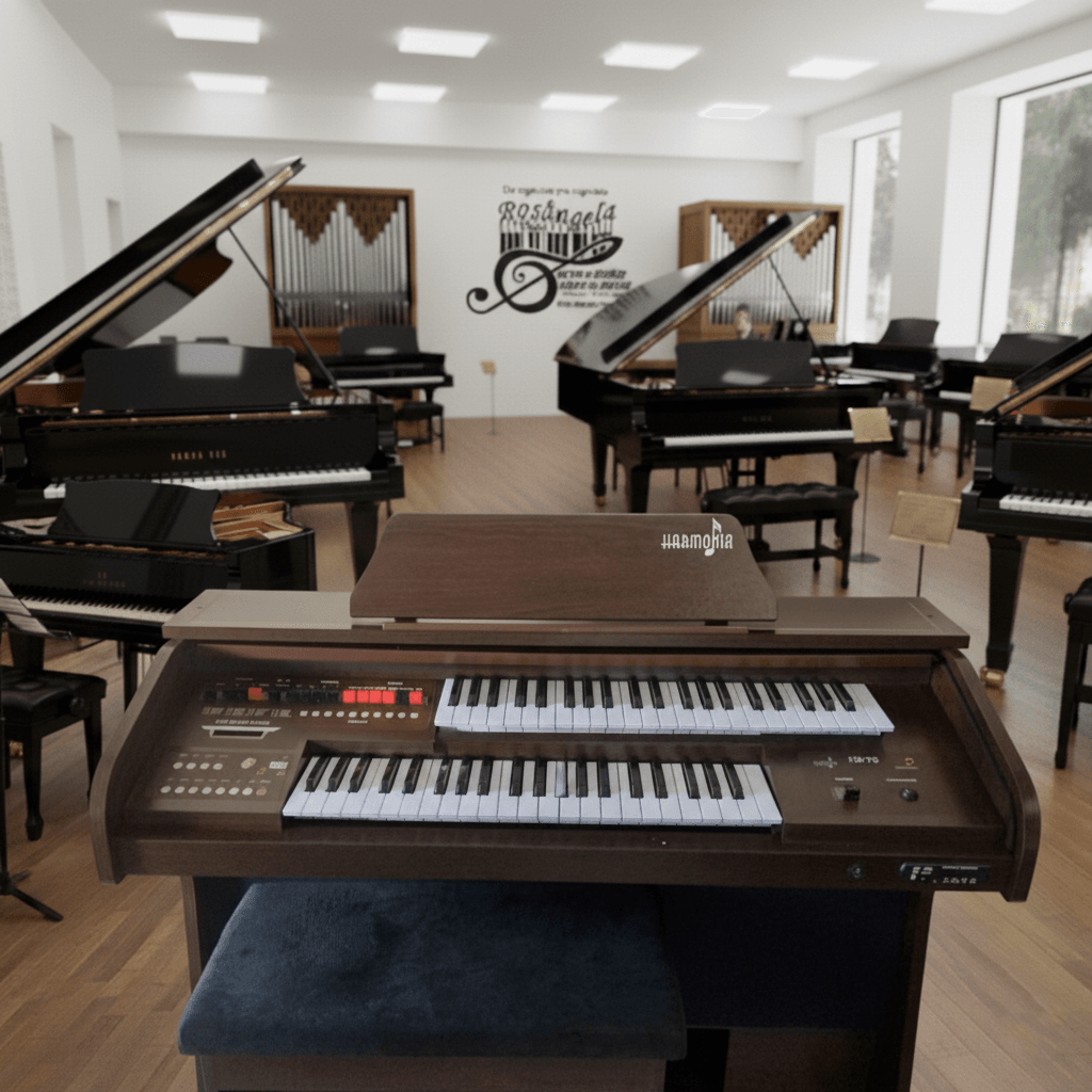 Órgão Eletronico Harmonia HS 75 — compacto e didático, perfeito para quem está começando. Conta com teclados de 44 teclas (superior e inferior), pedaleira de 13 notas, 128 sons MIDI, 32 ritmos e metrônomo para estudo. Possui USB/Bluetooth, display LCD, efeitos como sustain, vibrato, reverb e chorus, além de móvel em MDF laminado resistente.