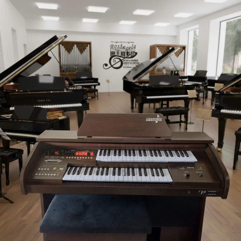 Órgão Eletronico Harmonia HS 75 — compacto e didático, perfeito para quem está começando. Conta com teclados de 44 teclas (superior e inferior), pedaleira de 13 notas, 128 sons MIDI, 32 ritmos e metrônomo para estudo. Possui USB/Bluetooth, display LCD, efeitos como sustain, vibrato, reverb e chorus, além de móvel em MDF laminado resistente.