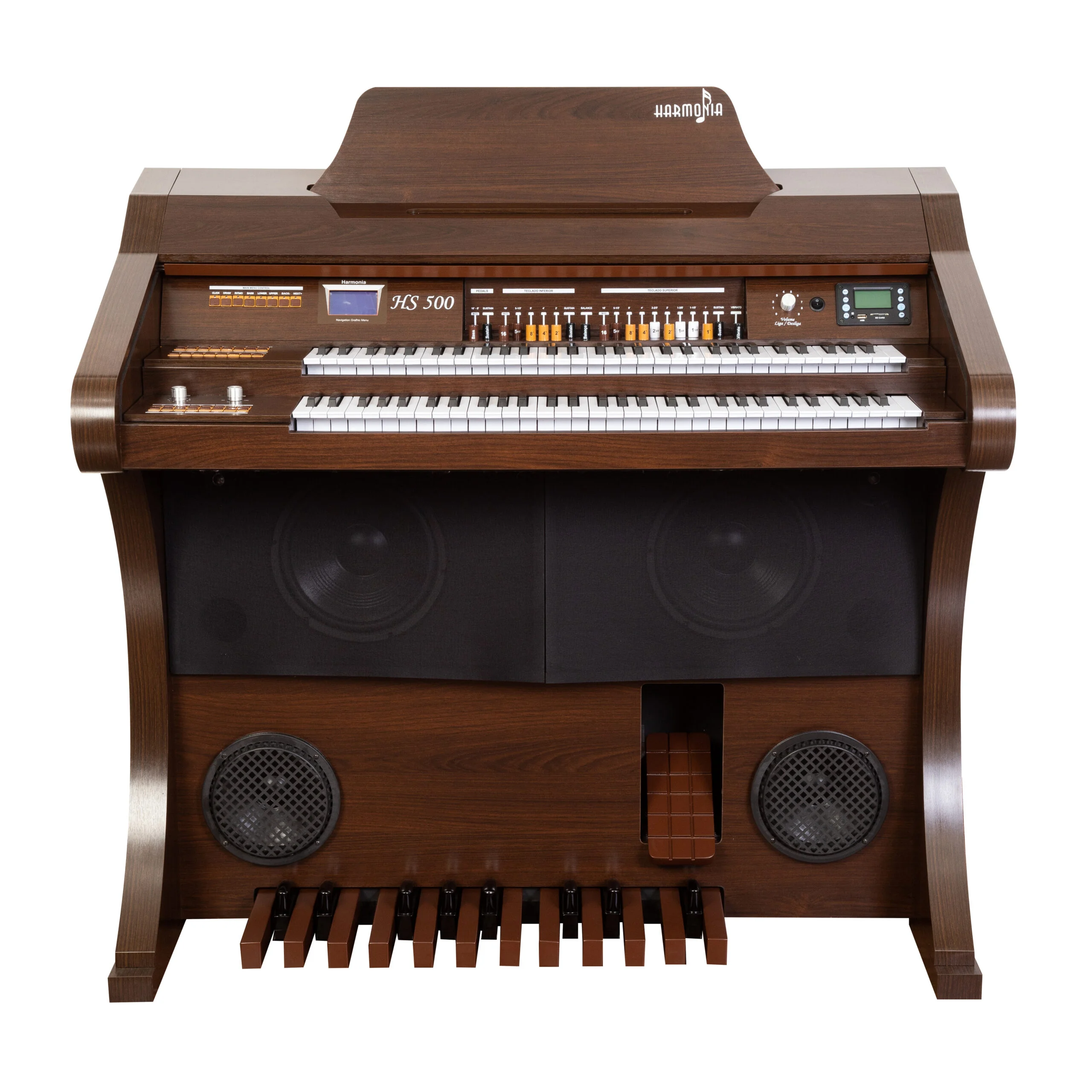 Início 28 Conheça o órgão eletronico Harmonia HS 500 Luxo, o órgão que vai transformar sua música! O HS-500 é o órgão que você precisa para tocar com excelência, sofisticação e versatilidade. Ele tem tudo o que você procura em um instrumento musical de alto nível. Confira: - Teclados superior e inferior com 61 teclas cada, e pedaleira com 20 notas, para uma ampla gama de sons e estilos - Drawbars completos no teclado superior, e 5 sons de flautas no teclado inferior, para um som rico e autêntico de órgão - 160 sons prontos em cada teclado e pedaleira, incluindo piano, harpa, cordas, metais e muito mais, para você explorar sua criatividade - 16 ritmos variados, com controle de volume, velocidade e sincronização, para você criar o clima perfeito para cada música - Efeitos incríveis, como sustain, vibrato, chorus, reverb e rotary speaker, para você adicionar dinamismo e expressividade ao seu som - Visor gráfico de 128 x 60, que mostra os sons e as funções do órgão de forma clara e intuitiva - Transposição de até 7 semitons, key click no conjunto dos drawbars e decodificador MP3 integrado, para você ter mais recursos à sua disposição - Potência de 120 watts, com 2 alto-falantes de 10 polegadas, 2 de 8 polegadas e 2 tweeters com caixa selada, para uma qualidade sonora impecável - Móvel elegante e resistente, feito em MDF e disponível em cores como imbuia brilho, tabaco, branco laca e preto laca E o melhor de tudo: você pode adquirir o órgão HS-500 por um preço imperdível! Não perca essa chance única de ter o órgão dos seus sonhos! Clique no link abaixo e faça já o seu pedido!