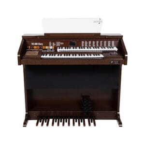 Órgão Eletrônico Harmonia HS 480 Glory: 49+49 teclas, pedaleira de 13 notas, drawbars completos, 160 sons prontos, 16 ritmos, efeitos premium, USB/Bluetooth e 100W de potência. Ideal para igrejas e organistas.