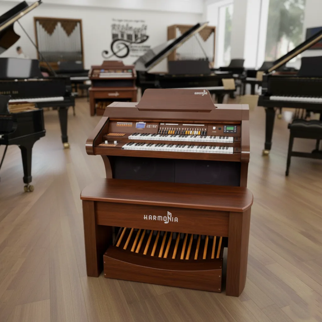 Início 23 O órgão eletronico Harmonia HS 500 Orquestra é um instrumento incrível que vai te surpreender com sua qualidade sonora, sua potência e seu design elegante. Se você procura um órgão que ofereça recursos avançados, como drawbars, presets, efeitos, transposição, decodificador MP3 e gravador, o HS-500 Orquestra é a escolha certa para você. Com o HS-500 Orquestra, você pode tocar diversos estilos musicais, desde clássicos até modernos, com ritmos variados e sons prontos. Você também pode personalizar seus sons com o conjunto de drawbars, que permite ajustar os pesos das flautas do teclado superior. Além disso, você pode usar o oitavador para criar efeitos sonoros incríveis. O HS-500 Orquestra tem um móvel bipartido de MDF revestido com folha imbuia e acabamento em PU. A tampa é na cor do produto e protege os teclados e os alto-falantes. O órgão tem dois teclados de 61 teclas cada (Dó a Dó) e uma pedaleira de 25 notas. A potência é de 120 watts e a saída auxiliar permite conectar fones de ouvido ou outros equipamentos.