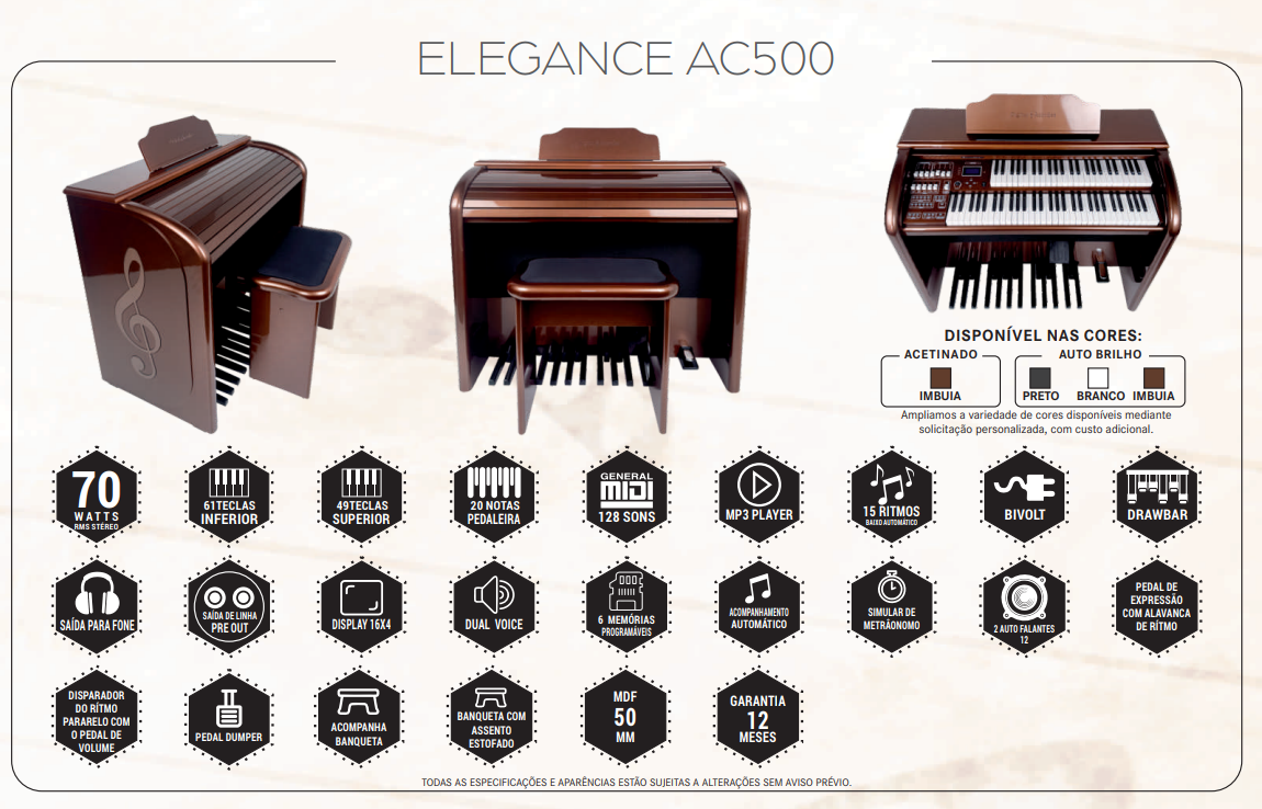 O Órgão Eletrônico Digital Acordes Top Elegance AC 500 é um instrumento sofisticado, ideal para músicos que procuram qualidade e elegância em suas apresentações. Com recursos avançados e design refinado, este órgão é perfeito para igrejas, salas de concerto e uso doméstico.