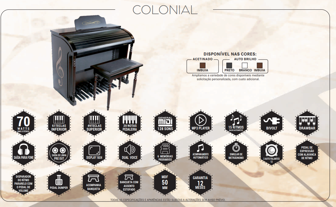 O Órgão Eletrônico Digital Acordes Colonial Acetinado é um instrumento de alta qualidade, projetado para proporcionar uma experiência musical superior. Ideal para músicos exigentes, este órgão combina tecnologia avançada com um design elegante e funcional.