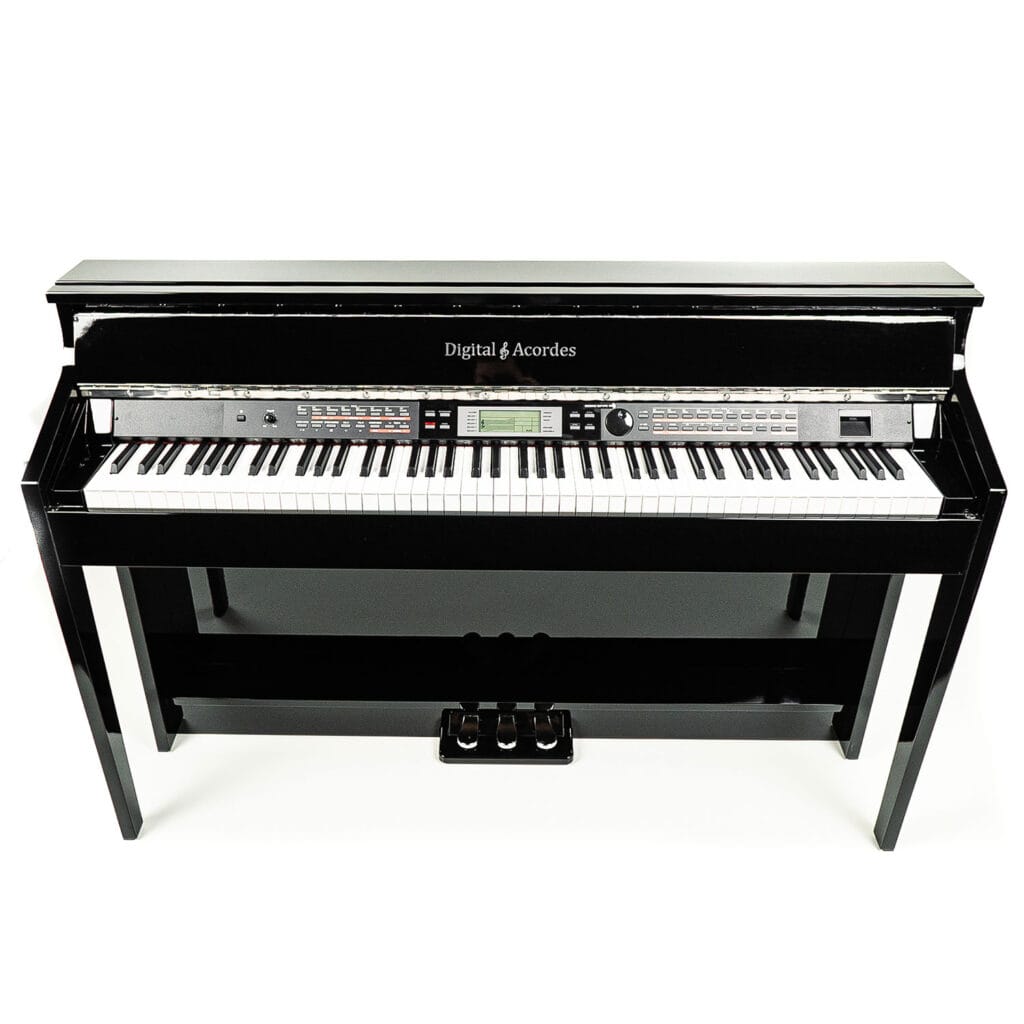 Início 28 Piano de Armário Digital Acordes AC3000 — desenvolvido para pianistas exigentes. Conta com 88 teclas com ação de martelo, polifonia de 128 notas, 600 vozes, 230 estilos e funções avançadas como Layer, Split e Twinova. Inclui Pitch Bend, DSP, Master EQ, USB/MIDI e sequenciador, garantindo versatilidade em estúdios, palcos e gravações.