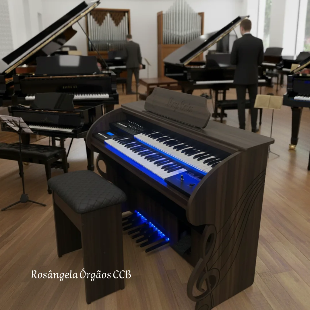 Início 31 O Órgão Eletrônico Rohnes RS-80 Marrom Oliva foi projetado para elevar performances em igrejas, eventos e estudos musicais em seu lar