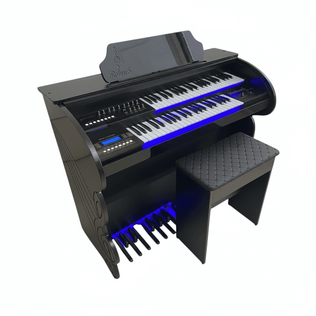 Órgão Eletrônico Rohnes RS 40 Preto Brilho: teclados duplos 44+44, pedaleira 13 notas, 84 timbres (31 de órgão), 32 ritmos, Bluetooth, memórias programáveis e som imersivo com falante 12” + tweeter. Ideal para igrejas, estudantes e músicos versáteis.