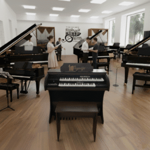 Órgão Eletrônico Organista marrom madeirado: teclados 44+44, pedaleira 13 notas, drawbars dedicados, 16 ritmos, efeitos premium (vibrato, reverb, chorus, sustain), 150W PMPO, móvel em MDF e cores variadas. Ideal para igrejas e músicos.