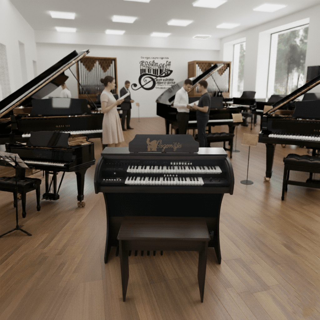 Órgão Eletrônico Organista marrom madeirado: teclados 44+44, pedaleira 13 notas, drawbars dedicados, 16 ritmos, efeitos premium (vibrato, reverb, chorus, sustain), 150W PMPO, móvel em MDF e cores variadas. Ideal para igrejas e músicos.