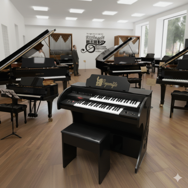 Órgão Eletrônico Organista Preto Brilho – com teclados de 44 notas (superior e inferior), pedaleira de 13 notas, drawbars dedicados (Flauta 16, 8, 4, 2 e Strings), 16 ritmos versáteis e efeitos premium (vibrato, reverb, chorus, sustain e balanço Upper-Lower). Potência de 150W PMPO, falante de 12” + tweeter de 2,5”, bi-volt automático, móvel em MDF com acabamento em PVC e várias cores disponíveis.