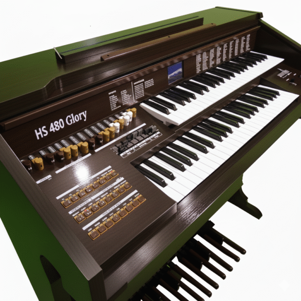Órgão Eletrônico HS480 Glory marrom verniz: 49+49 teclas, pedaleira de 13 notas, drawbars completos, 160 sons prontos, 16 ritmos, efeitos premium, USB/Bluetooth e 100W de potência. Ideal para igrejas e organistas.