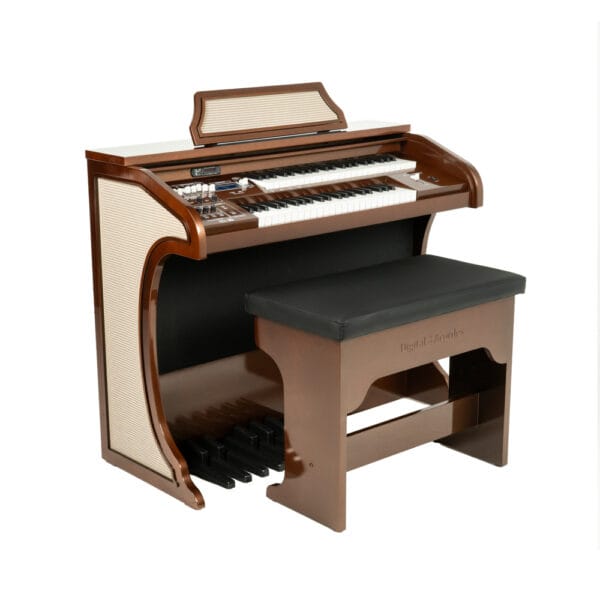 Órgão Eletrônico Digital Acordes AC400S Imbuia – teclados waterfall de 44 teclas (superior e inferior), drawbars 16”, 8”, 4”, 2”, 1” no manual superior e Pipe Organ no inferior, pedaleira de 13 notas, 50 ritmos com BPM, metrônomo, dual voice, 5 memórias e módulo multimídia USB/Bluetooth/Rádio/P2. Amplificação estéreo 70W RMS, LCD 20×04, bi-volt, móvel em MDF com laterais de 25 mm e banqueta estofada com baú.