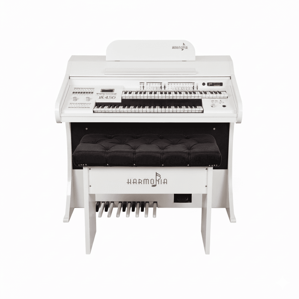 O Órgão Eletrônico Harmonia HS 450 Branco é um instrumento completo, pensado e desenvolvido para unir a sonoridade clássica dos órgãos tradicionais com a praticidade da tecnologia digital. Com dois teclados de 49 teclas, pedaleira de 13 notas, drawbars completos e um sistema de amplificação de 100W, ele oferece potência, fidelidade sonora e versatilidade para igrejas grandes, estúdios, escola de música e apresentações profissionais. Seu imponente móvel em MDF laminado de 50mm garante robustez e elegância, acompanhado de uma banqueta almofadada no mesmo acabamento. E o melhor, a maior garantia de marcas de órgão: 2 anos direto da fábrica com assistência técnica permanente e atendimento em todo o Brasil.