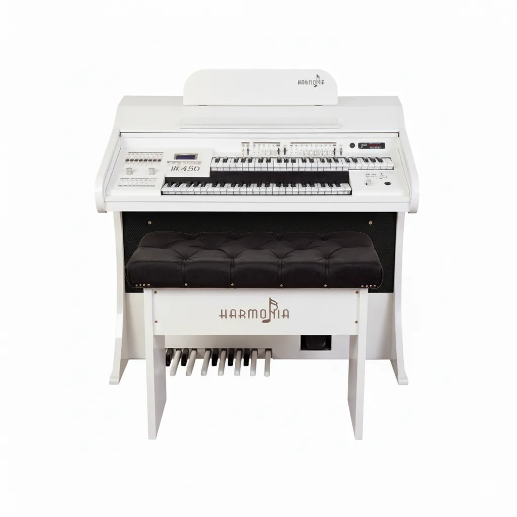 O Órgão Eletrônico Harmonia HS 450 Branco é um instrumento completo, pensado e desenvolvido para unir a sonoridade clássica dos órgãos tradicionais com a praticidade da tecnologia digital. Com dois teclados de 49 teclas, pedaleira de 13 notas, drawbars completos e um sistema de amplificação de 100W, ele oferece potência, fidelidade sonora e versatilidade para igrejas grandes, estúdios, escola de música e apresentações profissionais. Seu imponente móvel em MDF laminado de 50mm garante robustez e elegância, acompanhado de uma banqueta almofadada no mesmo acabamento. E o melhor, a maior garantia de marcas de órgão: 2 anos direto da fábrica com assistência técnica permanente e atendimento em todo o Brasil.