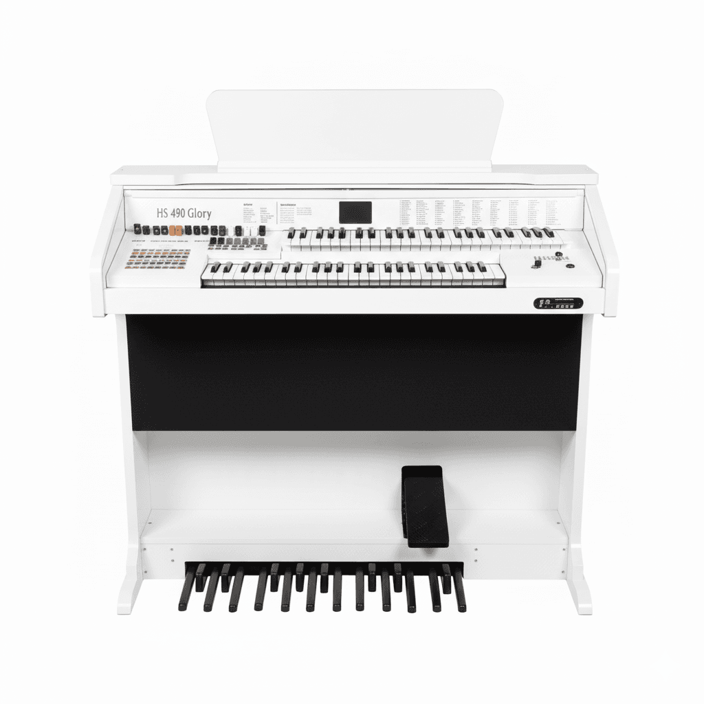 Órgão Eletrônico HS-480 Glory branco laca: 49+49 teclas, pedaleira de 13 notas, drawbars completos, 160 sons prontos, 16 ritmos, efeitos premium, USB/Bluetooth e 100W de potência. Ideal para igrejas e organistas.
