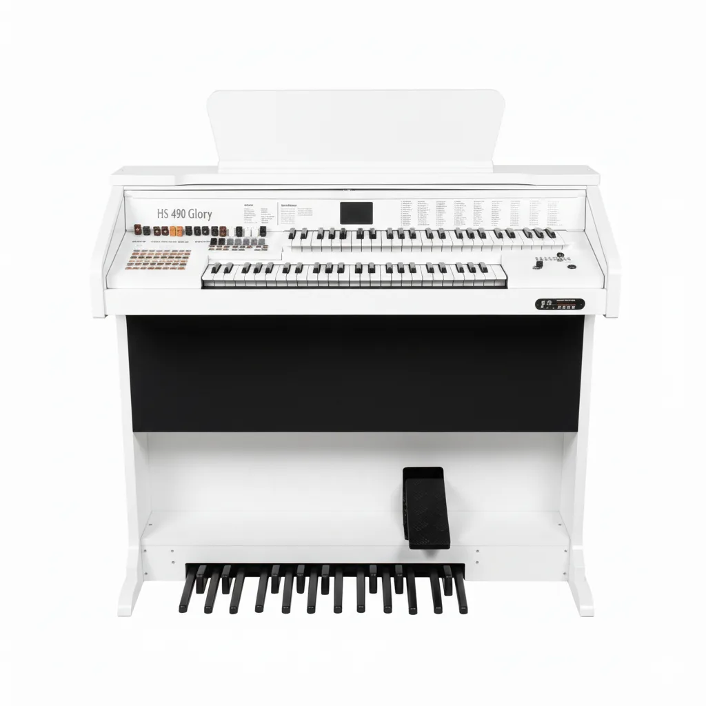 Início 22 Órgão Eletrônico HS-480 Glory branco laca: 49+49 teclas, pedaleira de 13 notas, drawbars completos, 160 sons prontos, 16 ritmos, efeitos premium, USB/Bluetooth e 100W de potência. Ideal para igrejas e organistas.
