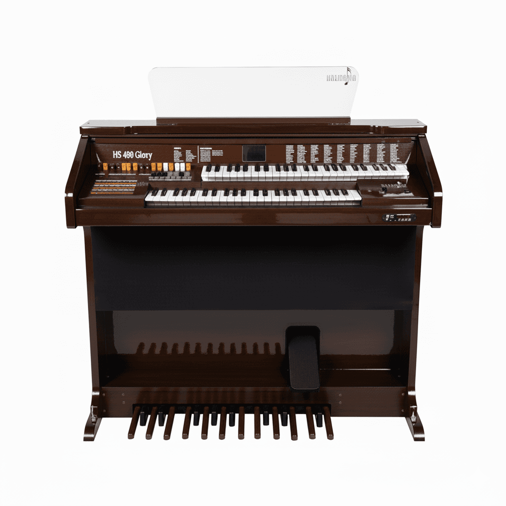 Órgão Eletrônico HS480 Glory marrom verniz: 49+49 teclas, pedaleira de 13 notas, drawbars completos, 160 sons prontos, 16 ritmos, efeitos premium, USB/Bluetooth e 100W de potência. Ideal para igrejas e organistas.