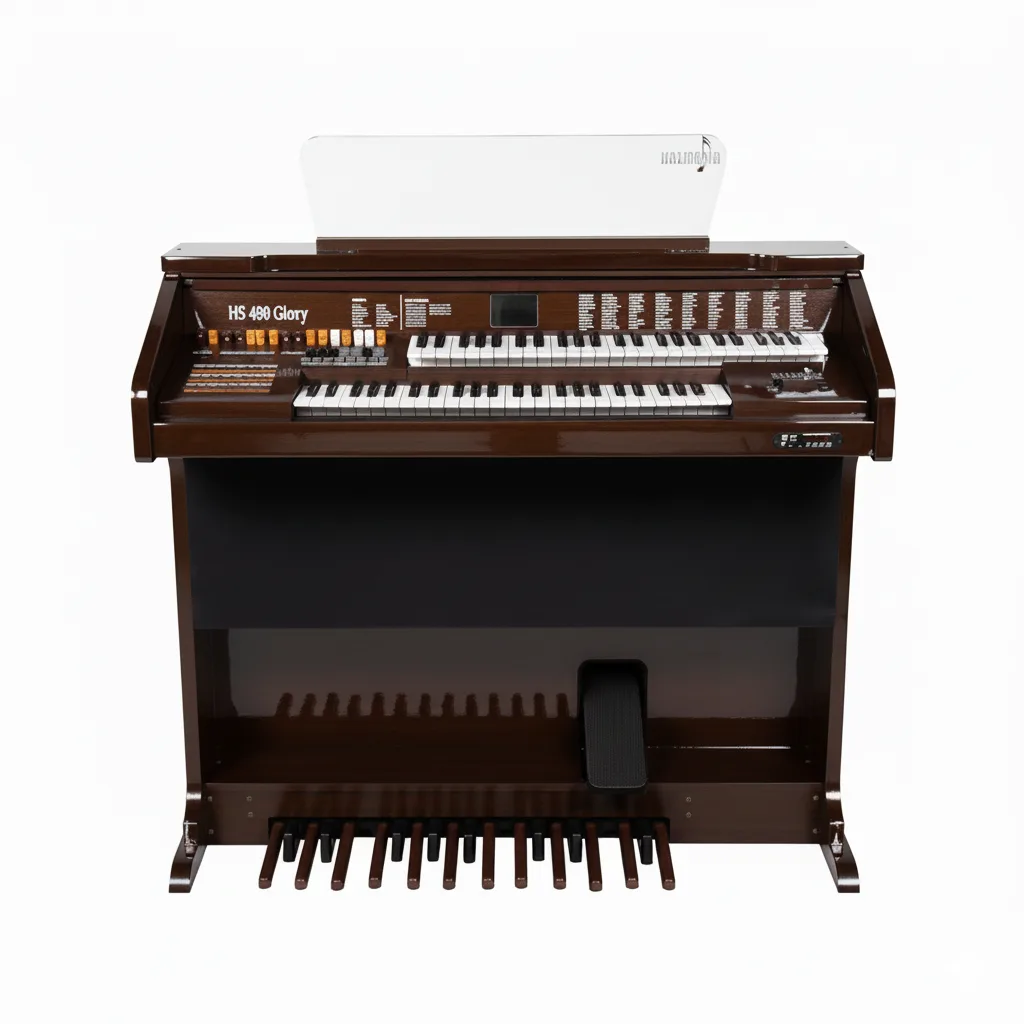Início 26 Órgão Eletrônico HS480 Glory marrom verniz: 49+49 teclas, pedaleira de 13 notas, drawbars completos, 160 sons prontos, 16 ritmos, efeitos premium, USB/Bluetooth e 100W de potência. Ideal para igrejas e organistas.