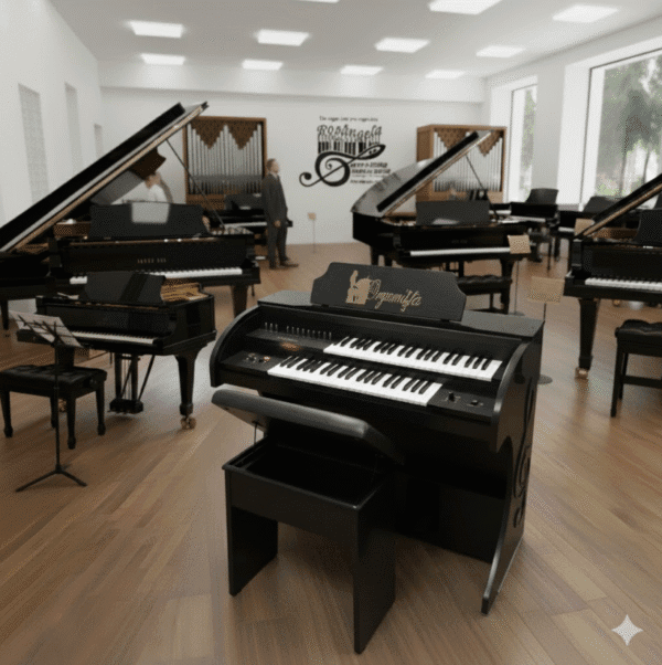 Órgão Eletrônico Organista preto fosco: teclados 44+44, pedaleira 13 notas, drawbars dedicados, 16 ritmos, efeitos premium (vibrato, reverb, chorus, sustain), 150W PMPO, móvel em MDF e cores variadas. Ideal para igrejas e músicos.