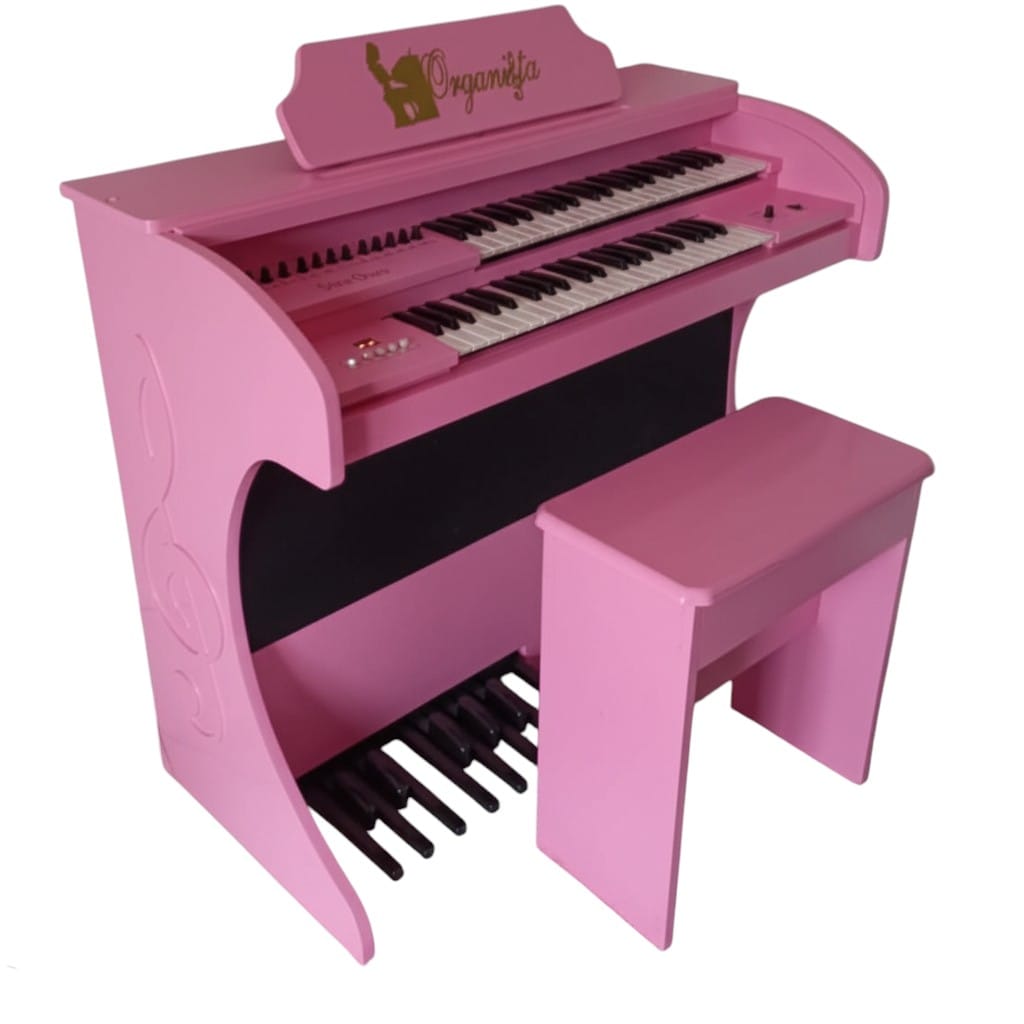 Órgão Eletrônico Organista rosa pink: teclados 44+44, pedaleira 13 notas, drawbars dedicados, 16 ritmos, efeitos premium (vibrato, reverb, chorus, sustain), 150W PMPO, móvel em MDF e cores variadas. Ideal para igrejas e músicos.