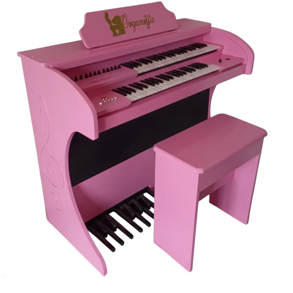 Início 20 Órgão Eletrônico Organista rosa pink: teclados 44+44, pedaleira 13 notas, drawbars dedicados, 16 ritmos, efeitos premium (vibrato, reverb, chorus, sustain), 150W PMPO, móvel em MDF e cores variadas. Ideal para igrejas e músicos.