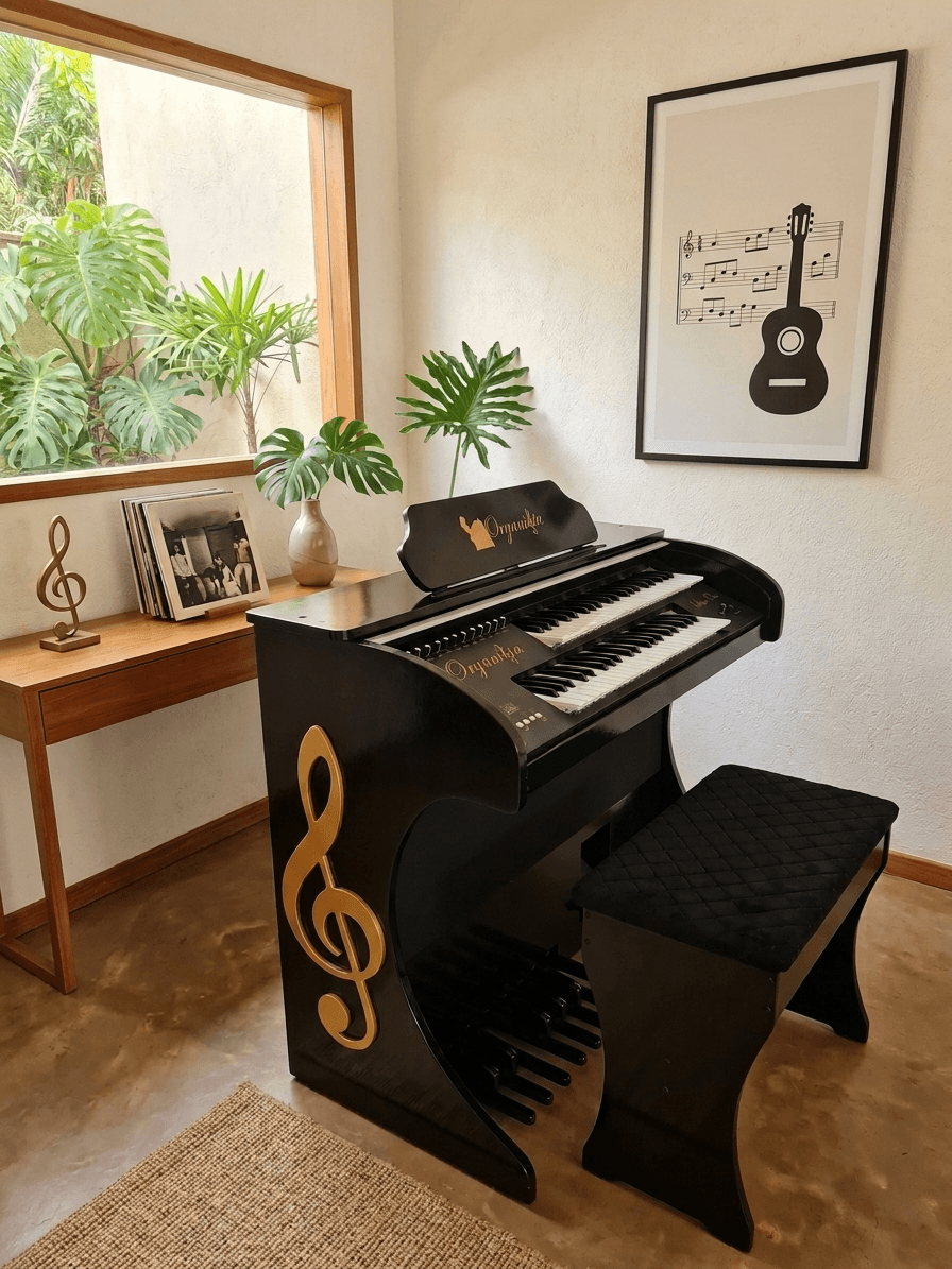 Início 27 Órgão Eletrônico Organista Preto Brilho – com teclados de 44 notas (superior e inferior), pedaleira de 13 notas, drawbars dedicados (Flauta 16, 8, 4, 2 e Strings), 16 ritmos versáteis e efeitos premium (vibrato, reverb, chorus, sustain e balanço Upper-Lower). Potência de 150W PMPO, falante de 12” + tweeter de 2,5”, bi-volt automático, móvel em MDF com acabamento em PVC e várias cores disponíveis.