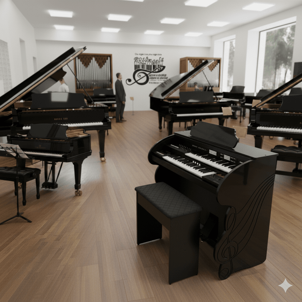 Início 25 Órgão Eletrônico Rohnes RS 40 Preto Brilho: teclados duplos 44+44, pedaleira 13 notas, 84 timbres (31 de órgão), 32 ritmos, Bluetooth, memórias programáveis e som imersivo com falante 12” + tweeter. Ideal para igrejas, estudantes e músicos versáteis.