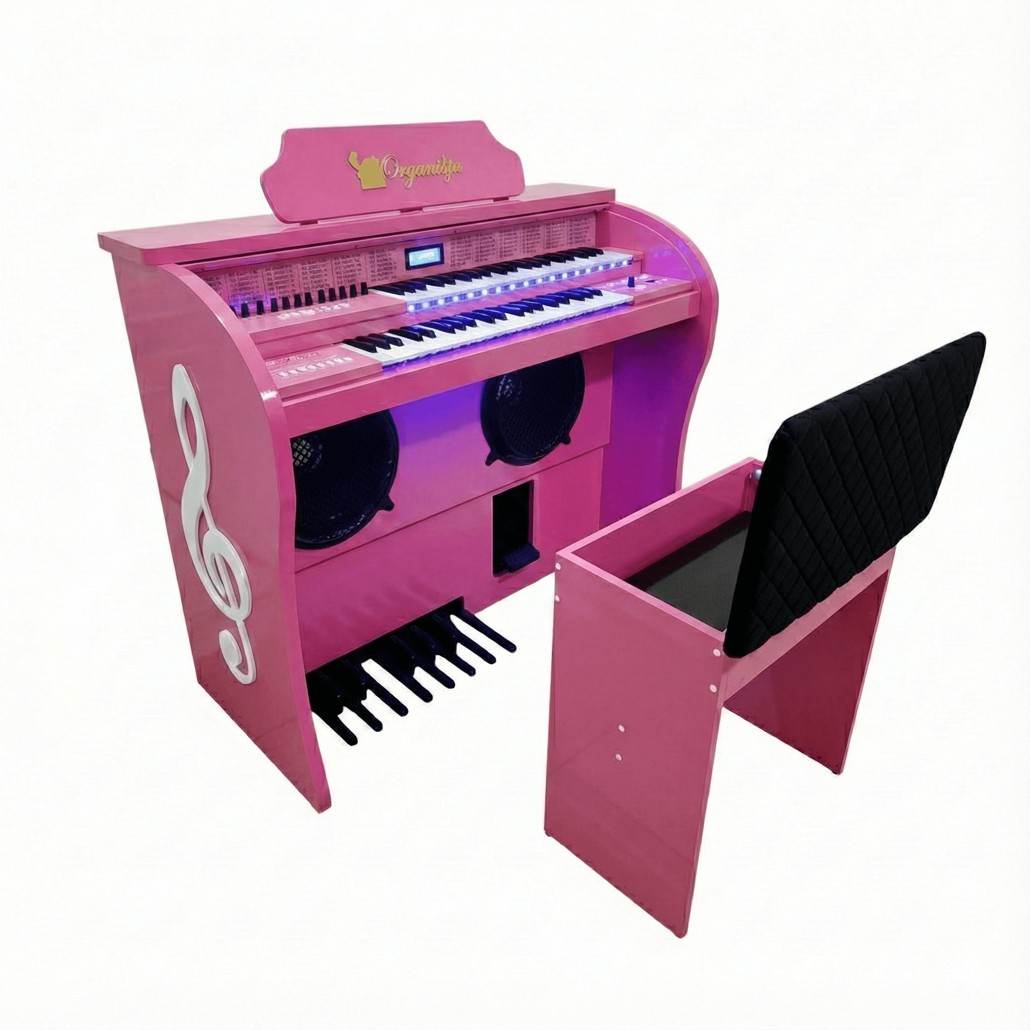 Órgão Eletrônico Organista Diamante Rosa — dois manuais de 44 teclas, pedaleira de 13 notas, 84 timbres (31 sons exclusivos de órgão), 32 ritmos, Dual Voice e acompanhamento automático. Inclui Bluetooth para estudos online, efeitos premium (vibrato, reverb, sustain), 2 alto-falantes 12” + tweeter, 3 memórias programáveis, metrônomo para prática, gabinete em MDF 50 mm e banqueta baú almofadada. Disponível em várias cores com garantia de 1 ano.