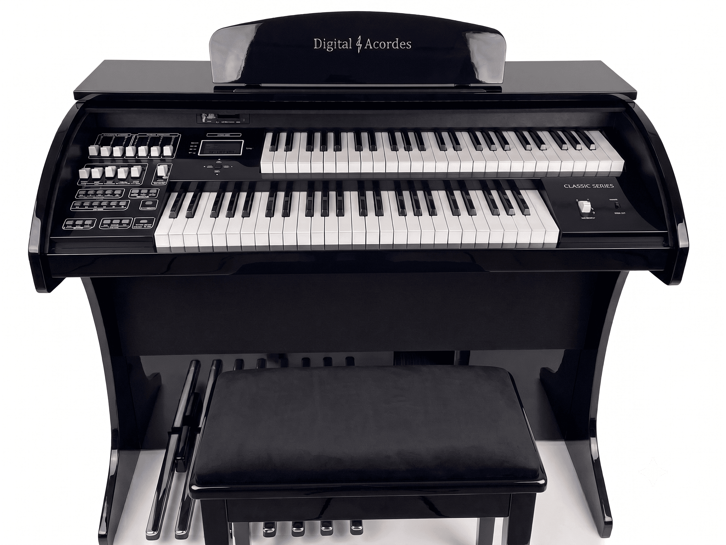 Início 29 Órgão Acordes Classic Preto Brilho - painel de controle com drawbars e display LCD