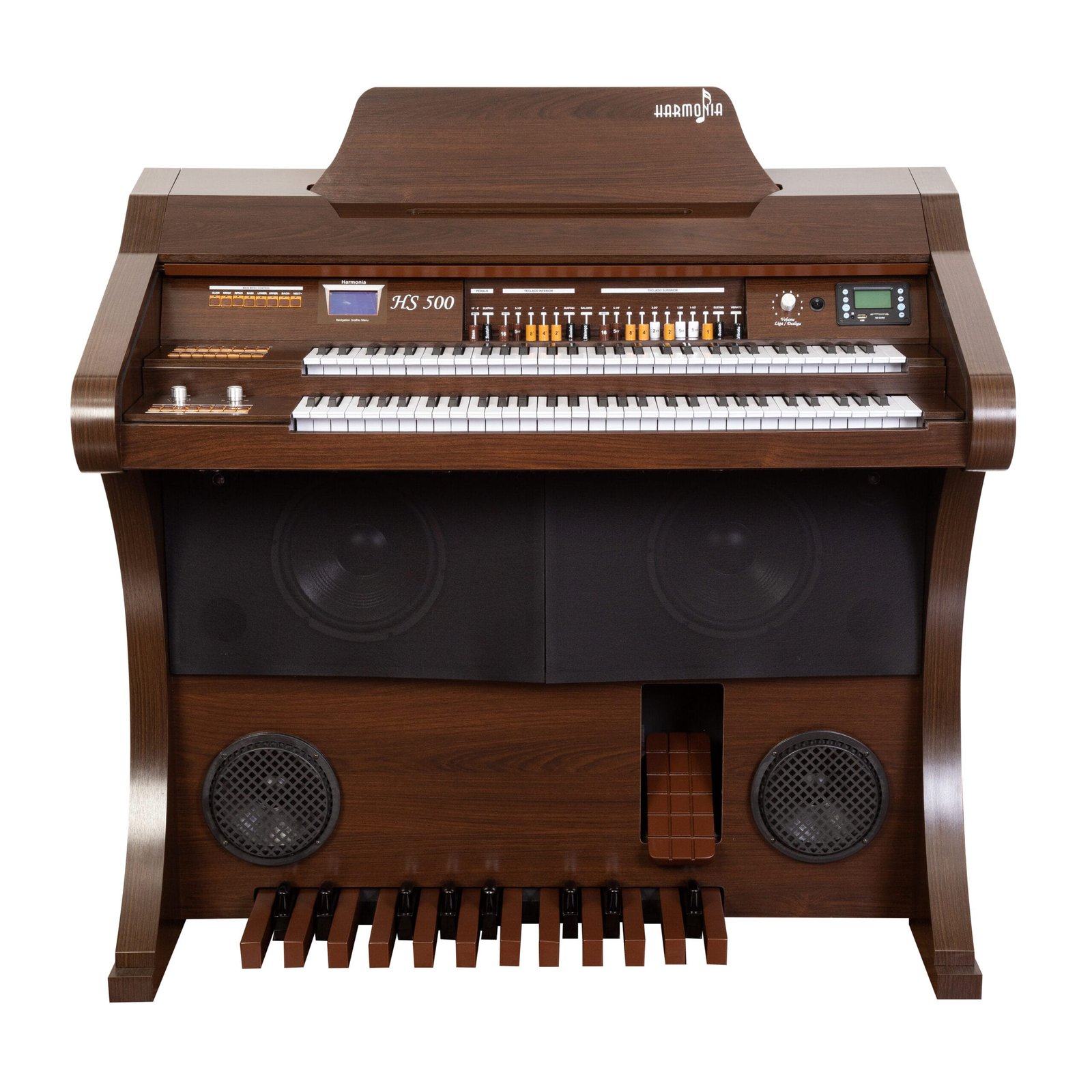 Início 20 Órgão Eletrônico Harmonia HS-500 Luxo Marrom – 61 teclas no manual superior e 61 no inferior, pedaleira de 20 notas, drawbars completos, 160 sons prontos, Rotary Speaker, 4 memórias e Módulo USB/Bluetooth. Amplificação 120W RMS estéreo, conjunto de falantes de 10" e 8" + tweeters, gabinete 50mm e banqueta almofadada inclusa.