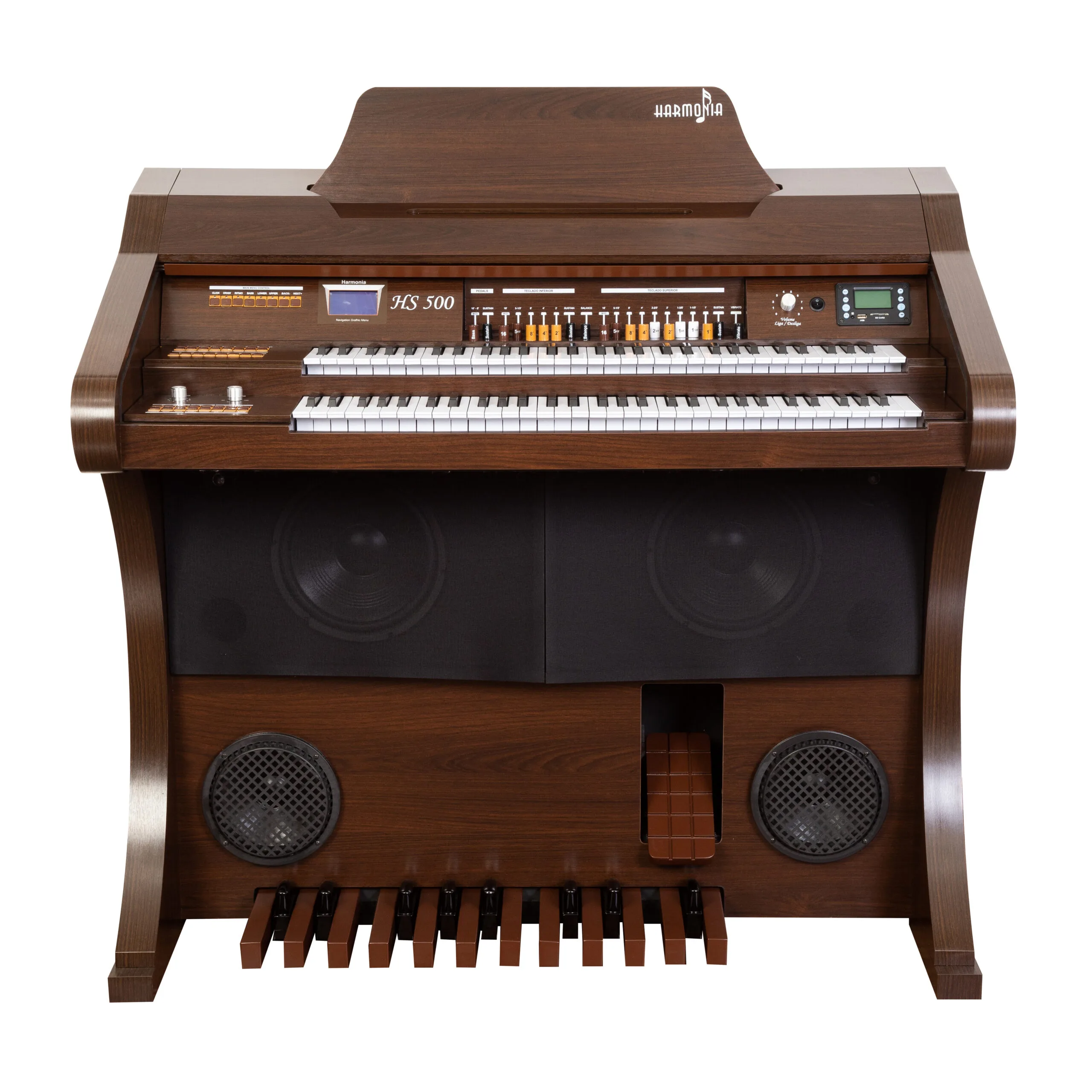 Início 28 Órgão Eletrônico Harmonia HS-500 Luxo Marrom – 61 teclas no manual superior e 61 no inferior, pedaleira de 20 notas, drawbars completos, 160 sons prontos, Rotary Speaker, 4 memórias e Módulo USB/Bluetooth. Amplificação 120W RMS estéreo, conjunto de falantes de 10" e 8" + tweeters, gabinete 50mm e banqueta almofadada inclusa.