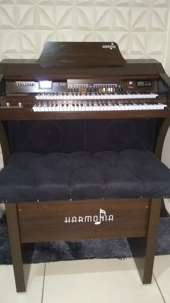 Órgão Eletrônico Harmonia HS-500 Luxo Marrom – 61 teclas no manual superior e 61 no inferior, pedaleira de 20 notas, drawbars completos, 160 sons prontos, Rotary Speaker, 4 memórias e Módulo USB/Bluetooth. Amplificação 120W RMS estéreo, conjunto de falantes de 10" e 8" + tweeters, gabinete 50mm e banqueta almofadada inclusa.